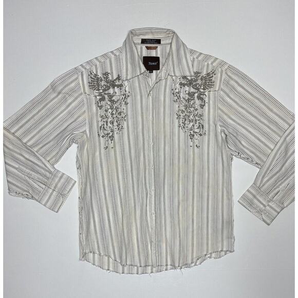 Roar Shirt Men Large Long Sleeve Button Up White Striped Distressed Hems Western - Picture 1 of 11